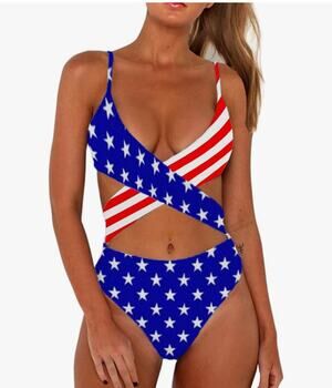 CHYRII *NEW* American Flag Sexy Criss Cross High Waisted Cut Out Swimsuit Sz XL